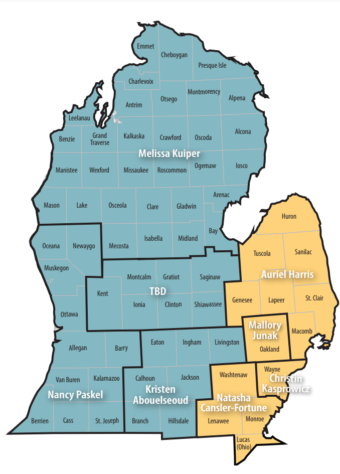 A map of the lower peninsula of Michigan, divided into 2 regions and several sub-regions. Each region lists a provider representative. On the page below you will find the same information in a list of Provider Representatives and the counties in their respective regions.